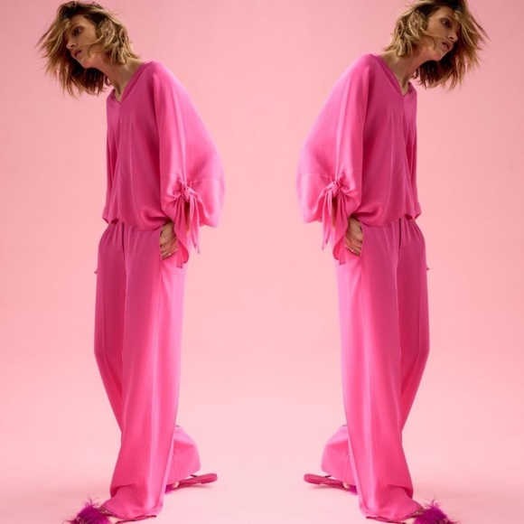 ZARA - 2pc Flowy Pants + Fluid Tied Blouse Coord Set BNWT - Picture 1 of 6